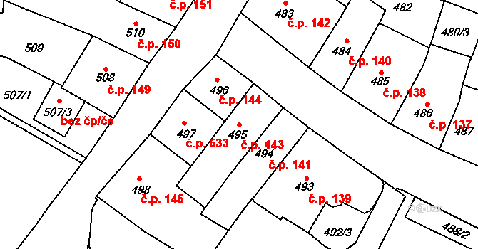 Kadaň 143 na parcele st. 495 v KÚ Kadaň, Katastrální mapa