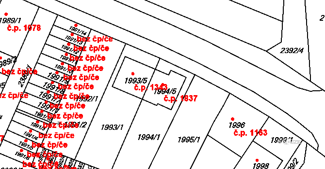 Trnovany 1837, Teplice na parcele st. 1994/5 v KÚ Teplice-Trnovany, Katastrální mapa