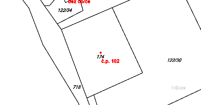 Obora 102, Šindelová na parcele st. 174 v KÚ Obora u Šindelové, Katastrální mapa