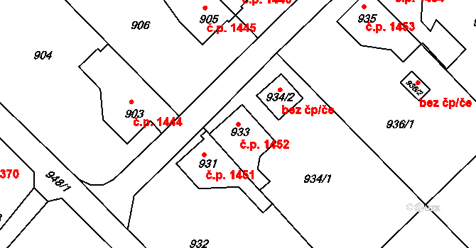 Rumburk 1 1452, Rumburk na parcele st. 933 v KÚ Rumburk, Katastrální mapa