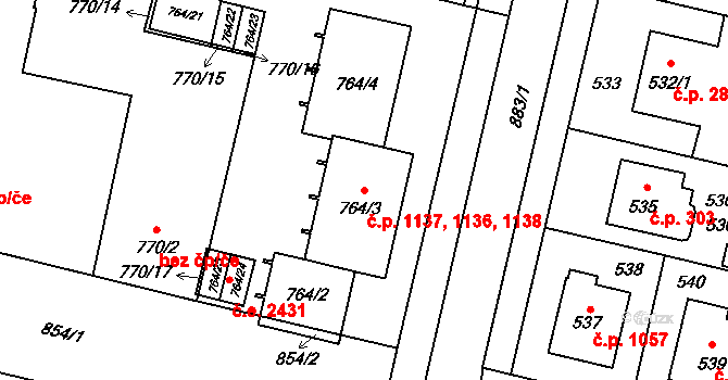 Lobzy 1136,1137,1138, Plzeň na parcele st. 764/3 v KÚ Lobzy, Katastrální mapa