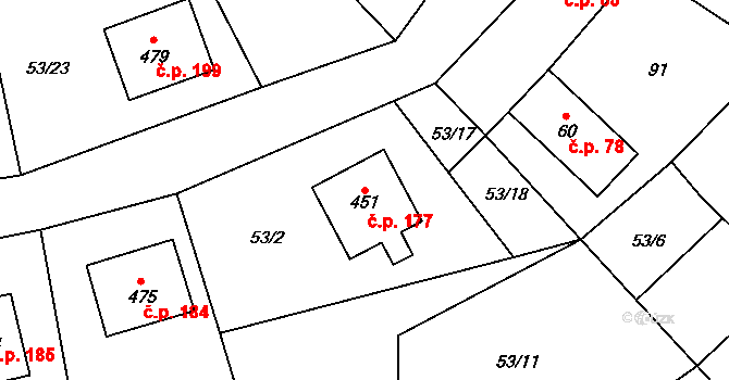 Kozojedy 177 na parcele st. 451 v KÚ Kozojedy u Kostelce nad Černými Lesy, Katastrální mapa