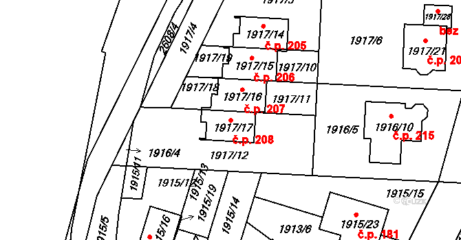Nová Hospoda 208, Plzeň na parcele st. 1917/17 v KÚ Skvrňany, Katastrální mapa