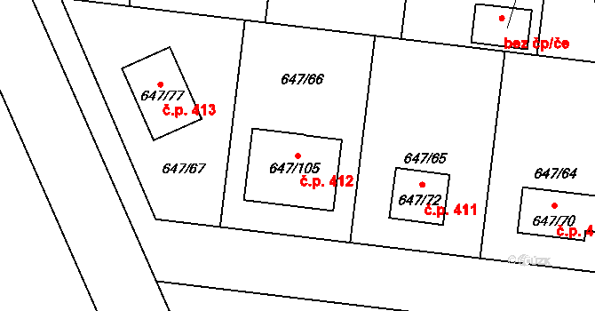 Jirny 412 na parcele st. 647/105 v KÚ Jirny, Katastrální mapa