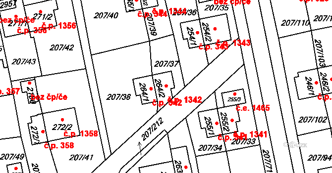 Sezimovo Ústí 1342 na parcele st. 264/2 v KÚ Sezimovo Ústí, Katastrální mapa