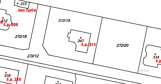 Únětice 211 na parcele st. 341 v KÚ Únětice u Prahy, Katastrální mapa
