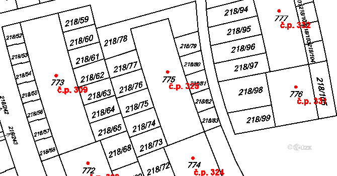 Řež 325, Husinec na parcele st. 775 v KÚ Husinec u Řeže, Katastrální mapa
