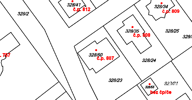 Šardice 807 na parcele st. 328/50 v KÚ Šardice, Katastrální mapa