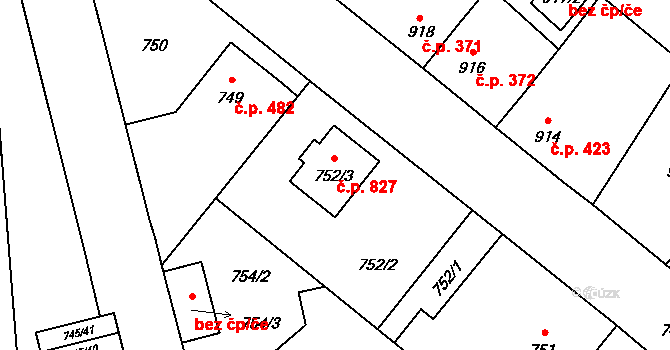 Suchdol nad Lužnicí 827 na parcele st. 752/3 v KÚ Suchdol nad Lužnicí, Katastrální mapa
