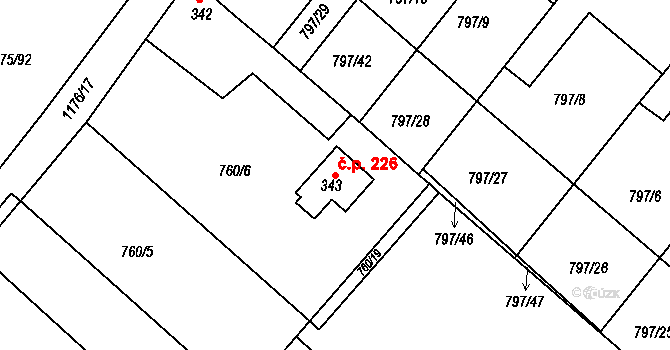 Uherský Ostroh 226 na parcele st. 343 v KÚ Uherský Ostroh, Katastrální mapa