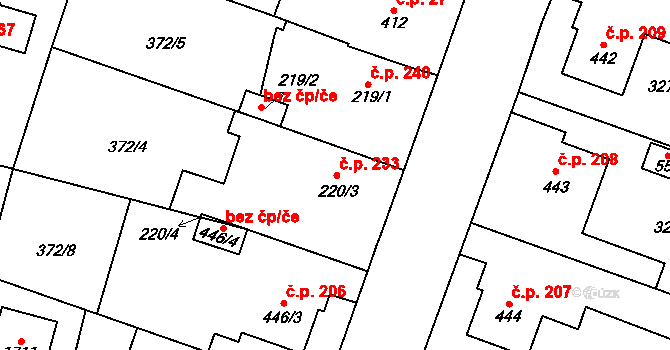 Rosice 233, Pardubice na parcele st. 220/3 v KÚ Rosice nad Labem, Katastrální mapa