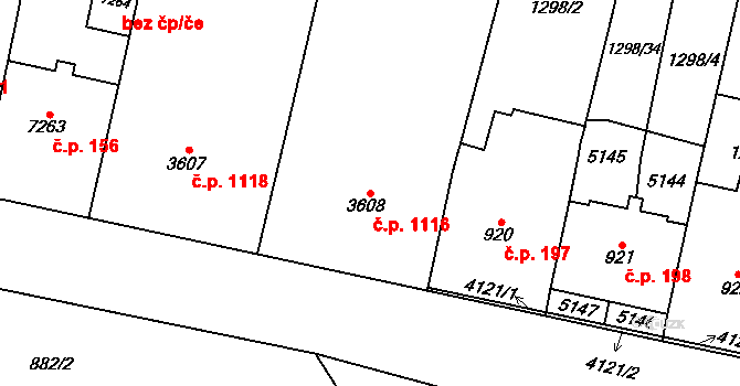 Bílé Předměstí 1116, Pardubice na parcele st. 3608 v KÚ Pardubice, Katastrální mapa