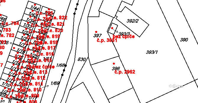 Znojmo 3851 na parcele st. 397 v KÚ Znojmo-Louka, Katastrální mapa