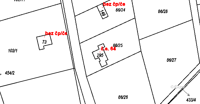 Počaply 64, Sezemice na parcele st. 295 v KÚ Počaply nad Loučnou, Katastrální mapa