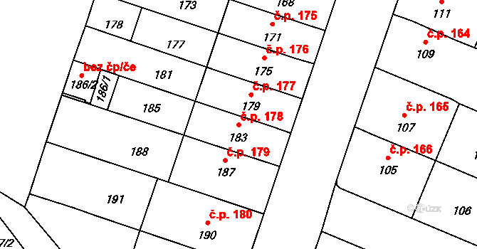 Vážany 178, Kroměříž na parcele st. 183 v KÚ Vážany u Kroměříže, Katastrální mapa