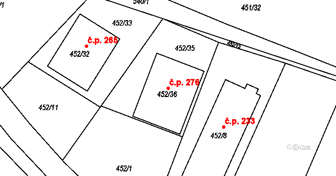 Lužkovice 276, Zlín na parcele st. 452/36 v KÚ Lužkovice, Katastrální mapa