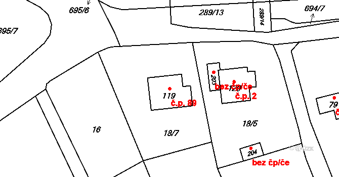 Teplice nad Bečvou 89 na parcele st. 119 v KÚ Teplice nad Bečvou, Katastrální mapa