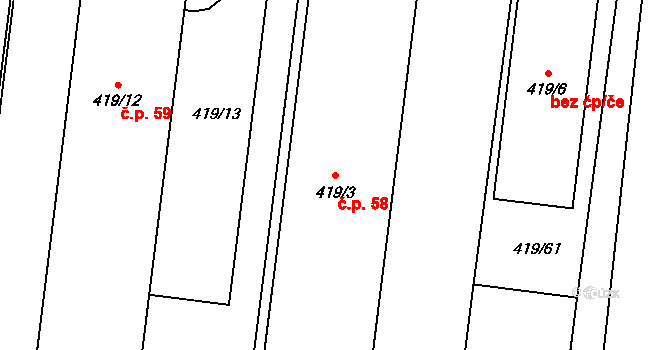 Hruškové Dvory 58, Jihlava na parcele st. 419/3 v KÚ Hruškové Dvory, Katastrální mapa