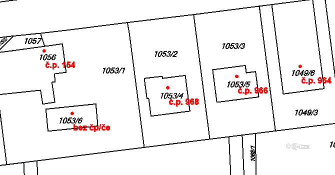 Lyžbice 968, Třinec na parcele st. 1053/4 v KÚ Lyžbice, Katastrální mapa