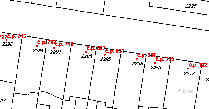 Rohatec 831 na parcele st. 2285 v KÚ Rohatec, Katastrální mapa