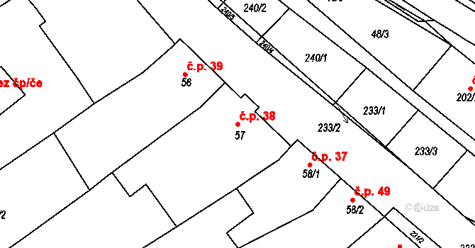 Uhřice 38 na parcele st. 57 v KÚ Uhřice u Kyjova, Katastrální mapa