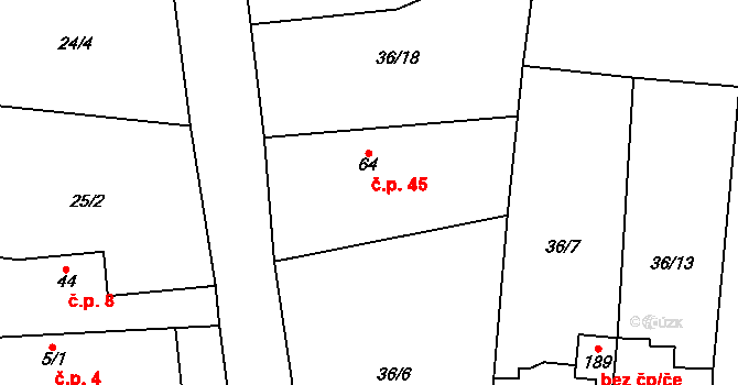 Máslovice 45 na parcele st. 64 v KÚ Máslovice, Katastrální mapa