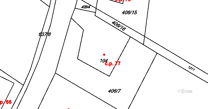 Bučina 77 na parcele st. 104 v KÚ Bučina, Katastrální mapa