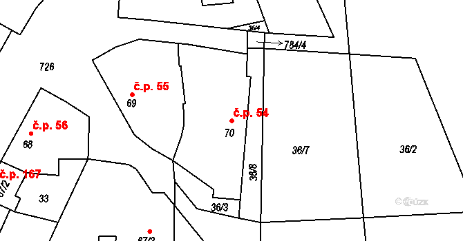 Žehuň 54 na parcele st. 70 v KÚ Žehuň, Katastrální mapa