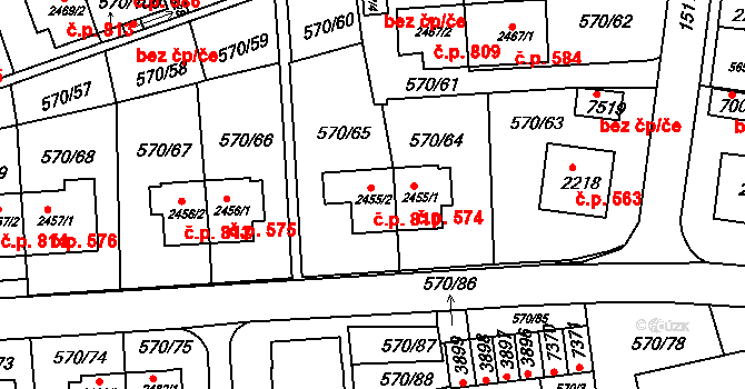 Borovina 810, Třebíč na parcele st. 2455/2 v KÚ Třebíč, Katastrální mapa