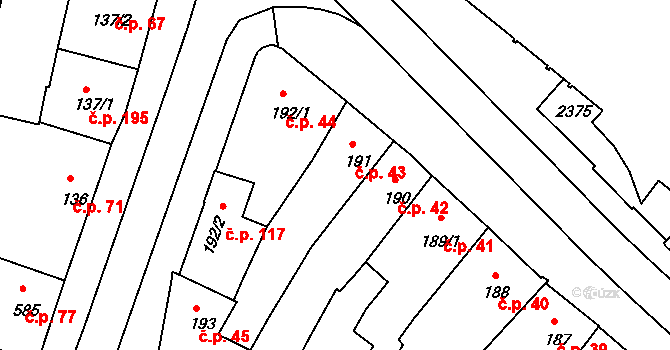 Jejkov 43, Třebíč na parcele st. 191 v KÚ Třebíč, Katastrální mapa