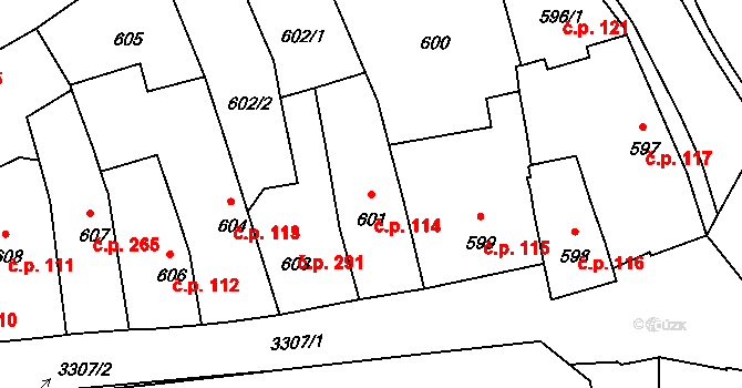 Pelhřimov 114 na parcele st. 601 v KÚ Pelhřimov, Katastrální mapa