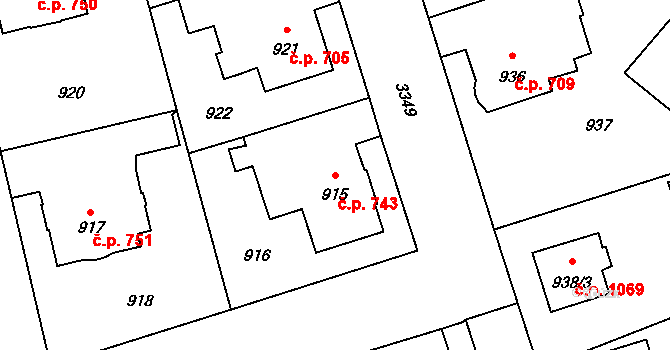 Pelhřimov 743 na parcele st. 915 v KÚ Pelhřimov, Katastrální mapa