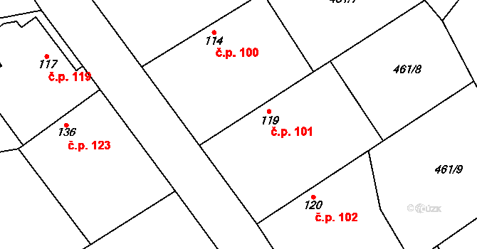 Jeviněves 101 na parcele st. 119 v KÚ Jeviněves, Katastrální mapa