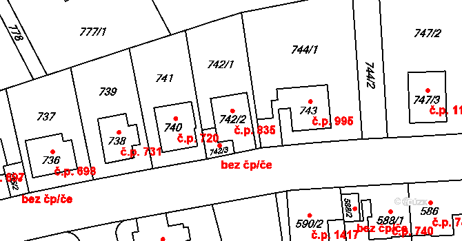 Radotín 835, Praha na parcele st. 742/2 v KÚ Radotín, Katastrální mapa