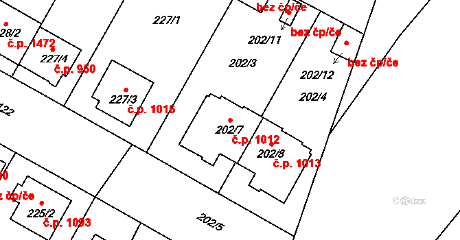 Bolevec 1012, Plzeň na parcele st. 202/7 v KÚ Bolevec, Katastrální mapa