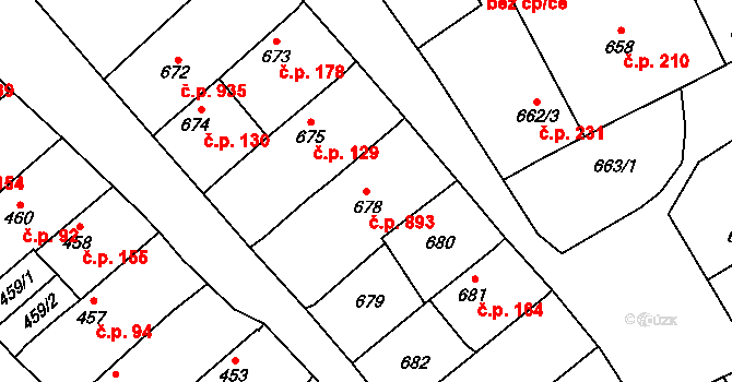 Lužice 893 na parcele st. 678 v KÚ Lužice u Hodonína, Katastrální mapa