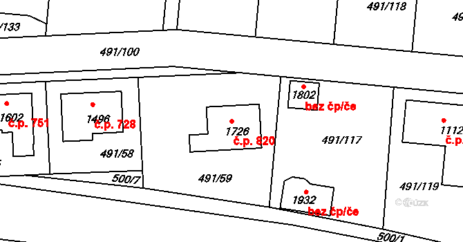 Votice 820 na parcele st. 1726 v KÚ Votice, Katastrální mapa