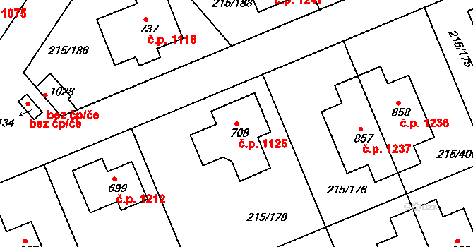 Rudná 1125 na parcele st. 708 v KÚ Hořelice, Katastrální mapa