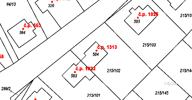 Rudná 1313 na parcele st. 584 v KÚ Hořelice, Katastrální mapa