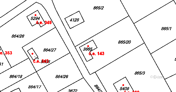 Plzeňské Předměstí 143, Rokycany na parcele st. 3665 v KÚ Rokycany, Katastrální mapa