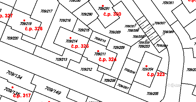 Popůvky 324 na parcele st. 709/211 v KÚ Popůvky u Brna, Katastrální mapa