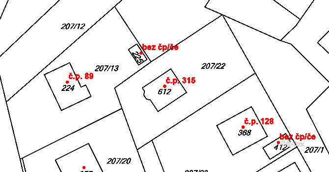 Řitka 315 na parcele st. 612 v KÚ Řitka, Katastrální mapa