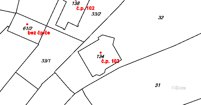 Tážaly 103, Kožušany-Tážaly na parcele st. 134 v KÚ Tážaly, Katastrální mapa