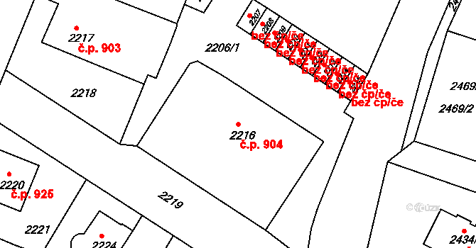 Bruntál 904 na parcele st. 2216 v KÚ Bruntál-město, Katastrální mapa