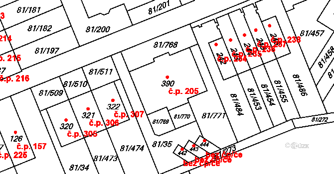 Nupaky 205 na parcele st. 390 v KÚ Nupaky, Katastrální mapa