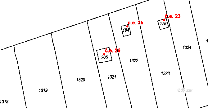 Lipník nad Bečvou V-Podhoří 26, Lipník nad Bečvou na parcele st. 205 v KÚ Podhoří na Moravě, Katastrální mapa