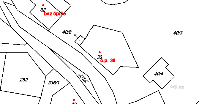 Skramouš 36, Mšeno na parcele st. 33 v KÚ Skramouš, Katastrální mapa