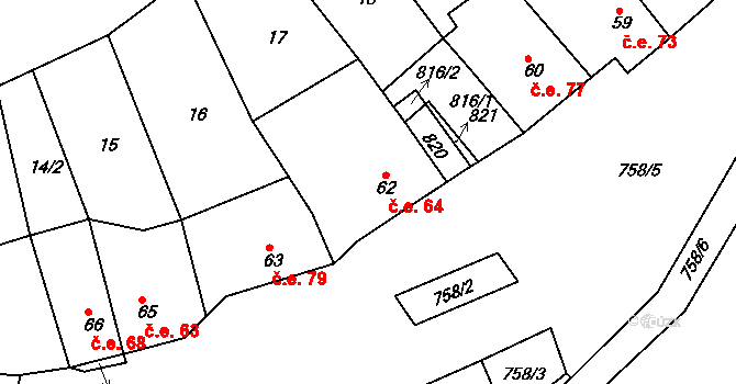 Rabštejn nad Střelou 64, Manětín na parcele st. 62 v KÚ Rabštejn nad Střelou, Katastrální mapa