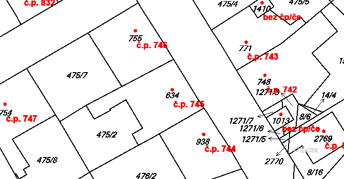 Přeštice 745 na parcele st. 634 v KÚ Přeštice, Katastrální mapa