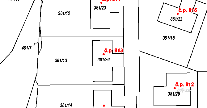 Poříčí 613, Boršov nad Vltavou na parcele st. 381/26 v KÚ Boršov nad Vltavou, Katastrální mapa